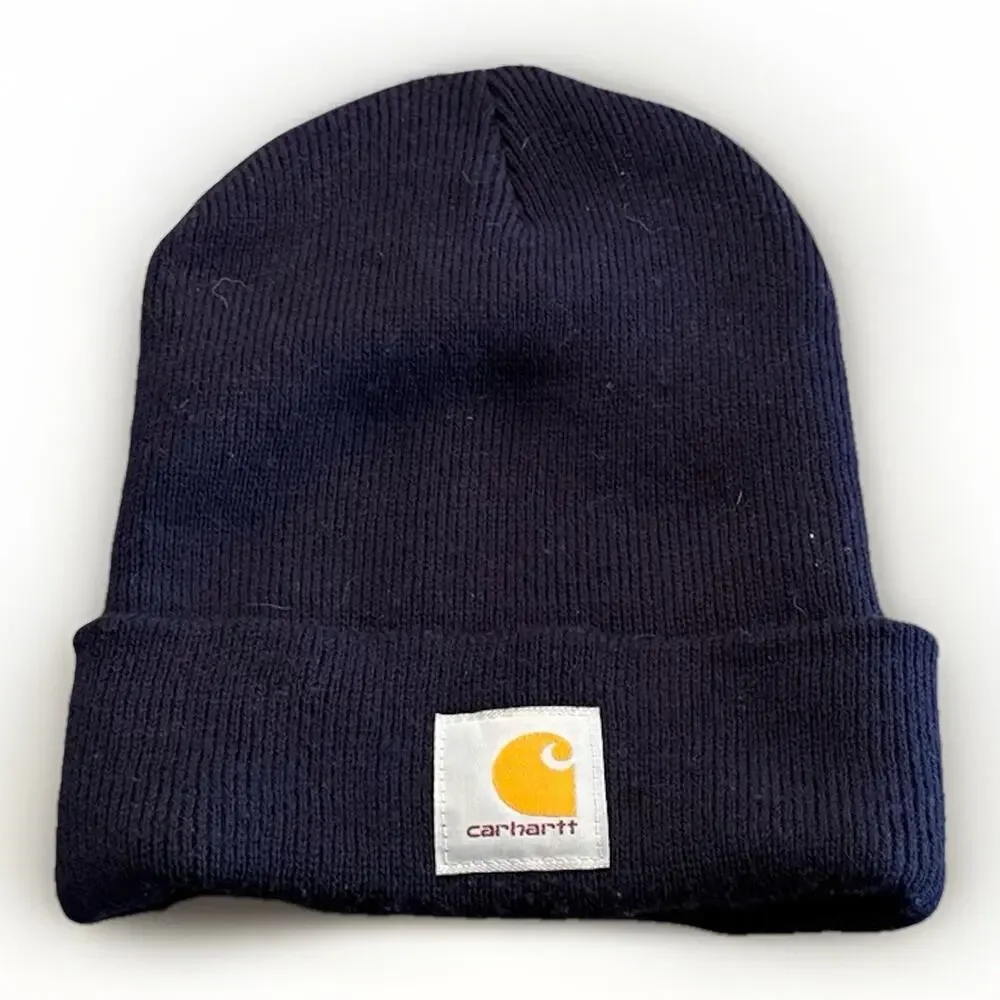 Carhartt Unisex Navy Knit Cuffed Beanie Hat Workwear Warm Cap One Size